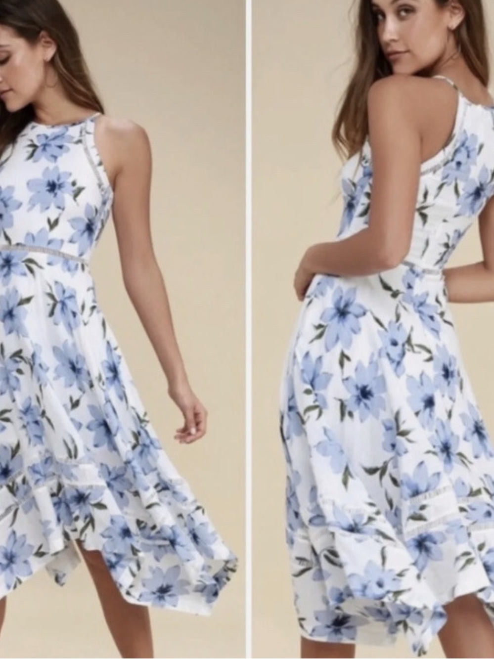 Lulus Zahara White Blue Floral Cotton Midi Dress XL